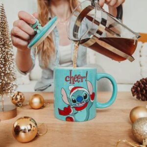 Disney Lilo & Stitch Holiday Cheer Ceramic Mug With Lid | Large Coffee Cup For Espresso, Caffeine, Tea