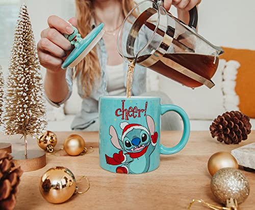 Disney Lilo & Stitch Holiday Cheer Ceramic Mug With Lid | Large Coffee Cup For Espresso, Caffeine, Tea