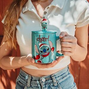 Disney Lilo & Stitch Holiday Cheer Ceramic Mug With Lid | Large Coffee Cup For Espresso, Caffeine, Tea