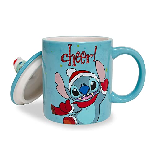 Disney Lilo & Stitch Holiday Cheer Ceramic Mug With Lid | Large Coffee Cup For Espresso, Caffeine, Tea