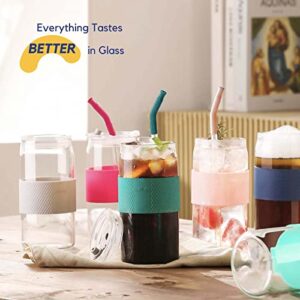 ColoVie 20oz 1pc Glass Tumbler with 3 IN 1 Lids and Glass Straws(Extra Silicone Tips), Silicone Protective Sleeve, Iced Coffee Cup, Travel Water Bottle, Soda Beer Can Shaped Cups, Hot Tea-Chalk Pink