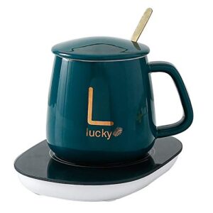 lucky smart coffee mug warmer with (ceramic) cup (usb cable) & cup warmer set for desk with gravity sensing auto shut off heating plate for home office milk tea christmas/st. patrick’s day gift