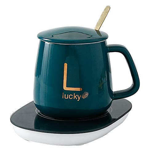 Lucky Smart Coffee Mug Warmer with (Ceramic) Cup (USB Cable) & Cup Warmer Set for Desk with Gravity Sensing Auto Shut Off Heating Plate for Home Office Milk Tea Christmas/St. Patrick's Day Gift