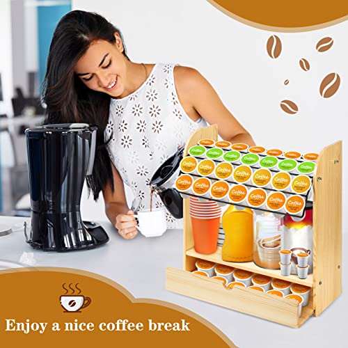 K Pod Holder - Pine Wood Coffee Essentials Organizer Station Compatible with K-Cups, Large Capacity Tea Bar Holder Coffee Accessories Storage for Home Office Kitchen Countertop