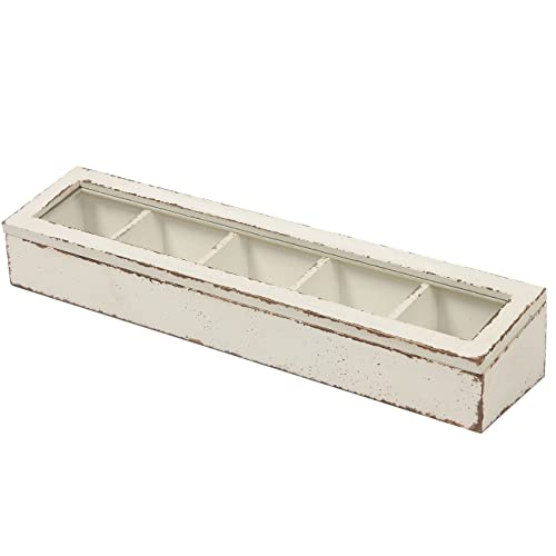 24 Inch Handcrafted Shabby Chic white Wooden Tea Box, Clear Tea Bag Organizer Storage with Lid, 5 Compartments, Rustic Storage Boxes Decorative Small, Wood Desk Organizer, Coffee Condiment Divided Box