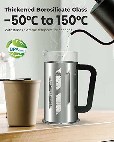 Ahoo French Press Coffee Maker,Large 34 Oz Manual Coffee & Tea Press,Stainless Steel Housing,304 Stainless Steel Filtration System,Cold Brew Heat Resistant Borosilicate Glass for Camping Travel