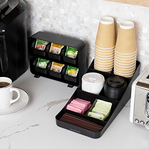 Mind Reader Anchor Collection, Coffee and Tea Dispenser Set, Includes a Cup and Condiment Organizer and a 6-Drawer Tea Bag Organizer, Countertop Organizer Set, Set of 2, Black