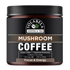solabela coffee organic mushroom coffee (38 servings) with 7 superfood mushrooms, great tasting arabica instant coffee, includes lion’s mane, reishi, chaga, cordyceps, shiitake, mitake, and turkey tail
