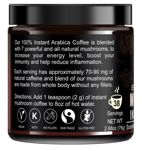 Solabela Coffee Organic Mushroom Coffee (38 Servings) with 7 Superfood Mushrooms, Great Tasting Arabica Instant Coffee, Includes Lion's Mane, Reishi, Chaga, Cordyceps, Shiitake, Mitake, and Turkey Tail