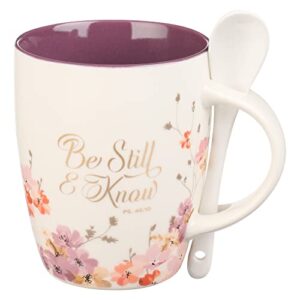 christian art gifts coffee and tea scripture mug with ceramic spoon set for women: be still and know – psalm 46:10 inspirational bible verse message hot & cold beverage, purple/white floral, 12 oz.