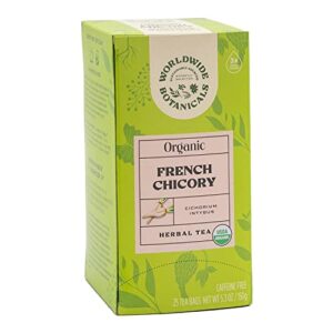 worldwide botanicals organic french chicory root tea – 50% more herbs with 3g per tea bag – prebiotic roasted herbal tea – acid free, caffeine free, kosher, 25 tea bags