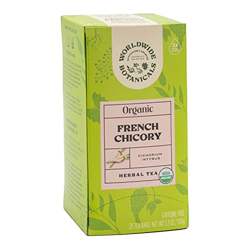 Worldwide Botanicals Organic French Chicory Root Tea – 50% more herbs with 3g per tea bag – Prebiotic Roasted Herbal Tea – Acid Free, Caffeine Free, Kosher, 25 tea bags