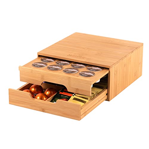 Bamboo Coffee Pods Holder Capsules Storage Drawer Compatible with Keurig K Cup Pods 2-tier K Cup Tea Bag Organizer for Kitchen Office Coffee Bar