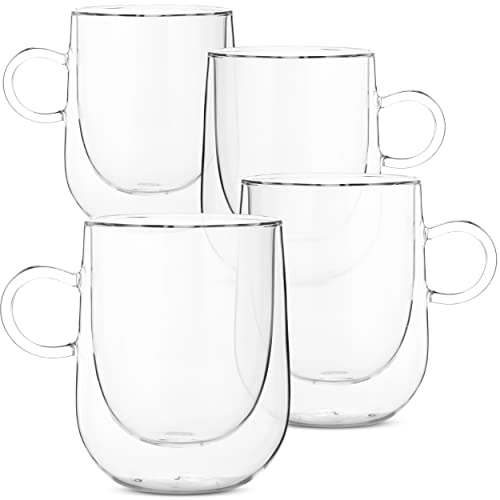 BTaT- BarrelShape Mugs, 4 Pack, 12 oz (350 ml), Glass Coffee Mugs, Clear Coffee Mug, Double Wall Glass Coffee Mugs, Glass Mugs, Latte Cup, Glass Tea Cups, Insulated Coffee Cups, Clear Mug