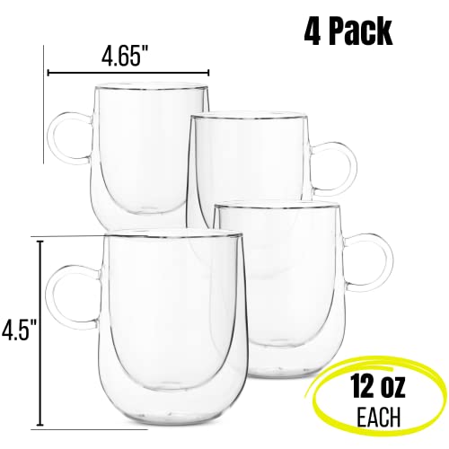 BTaT- BarrelShape Mugs, 4 Pack, 12 oz (350 ml), Glass Coffee Mugs, Clear Coffee Mug, Double Wall Glass Coffee Mugs, Glass Mugs, Latte Cup, Glass Tea Cups, Insulated Coffee Cups, Clear Mug