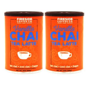 fireside coffee company – vanilla chai tea latte – 2 pack of 8 oz canisters – easy instant flavored chai tea served as hot chai, iced chai, or frappe – vanilla chai tea latte