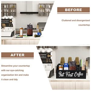 Coffee Station Organizer With 2 Coffee Tea Sign Stickers |Wooden Coffee Bar Bin Box, Farmhouse Coffee Caddy Countertop Decor, Coffee Pod Holder , Wooden Decor for Coffee Lover (Black)