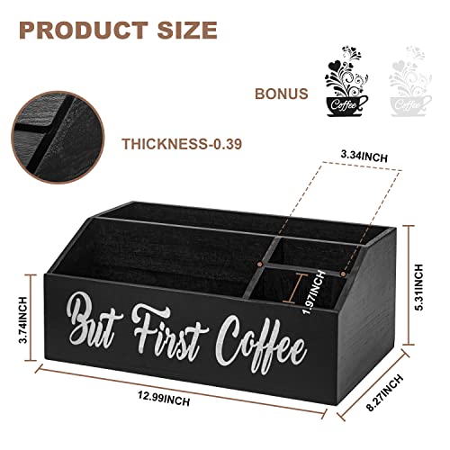 Coffee Station Organizer With 2 Coffee Tea Sign Stickers |Wooden Coffee Bar Bin Box, Farmhouse Coffee Caddy Countertop Decor, Coffee Pod Holder , Wooden Decor for Coffee Lover (Black)