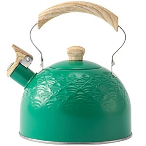 stobaza 2.5 liter whistling tea kettle whistling teapot stainless steel tea pots for stove top whistling boiling kettle with wood pattern handle for tea, coffee, milk tea pot – green