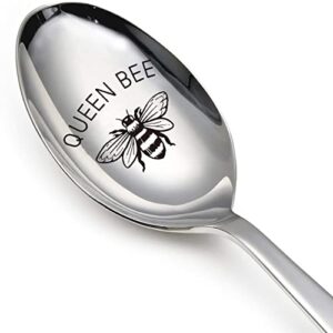 queen bee funny stainless steel engraved spoon, long handle coffee tea spoon dessert ice cream spoon for coffee lover, ice cream lover, women, sister, mom gifts, christmas gift