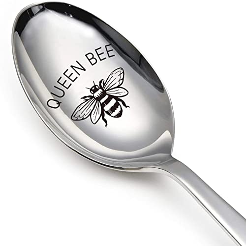 Queen Bee Funny Stainless Steel Engraved Spoon, Long Handle Coffee Tea Spoon Dessert Ice Cream Spoon for Coffee Lover, Ice Cream Lover, Women, Sister, Mom Gifts, Christmas Gift