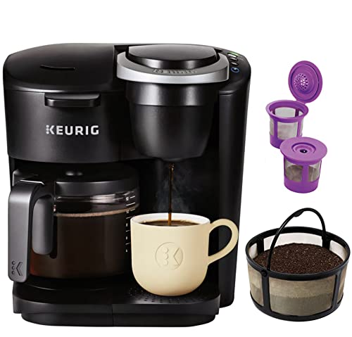 BADTAGS K-Duo Essentials Single Serve & Carafe Coffee Maker with Reusable Mesh Ground Coffee Filter and 2 Refillable K Cups Pod