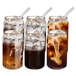 infankey glass cups with glass straw 6pcs set – beer can shaped drinking glasses, 16 oz iced coffee glasses, cute tumbler cup for smoothie, boba tea, whiskey, juice, water – 1 cleaning brushes