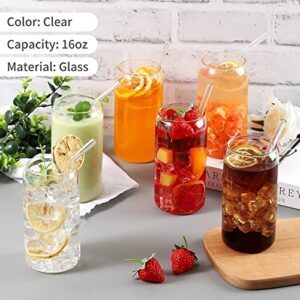 Infankey Glass Cups with Glass Straw 6pcs Set - Beer Can Shaped Drinking Glasses, 16 oz Iced Coffee Glasses, Cute Tumbler Cup for Smoothie, Boba Tea, Whiskey, Juice, Water - 1 Cleaning Brushes