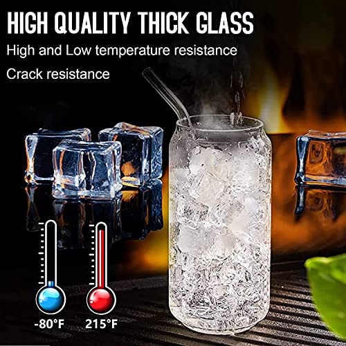 Infankey Glass Cups with Glass Straw 6pcs Set - Beer Can Shaped Drinking Glasses, 16 oz Iced Coffee Glasses, Cute Tumbler Cup for Smoothie, Boba Tea, Whiskey, Juice, Water - 1 Cleaning Brushes