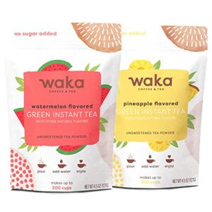 waka — unsweetened instant tea powder 2-bag combo — 100% tea leaves — watermelon flavored & pineapple flavored, 4.5 oz per bag