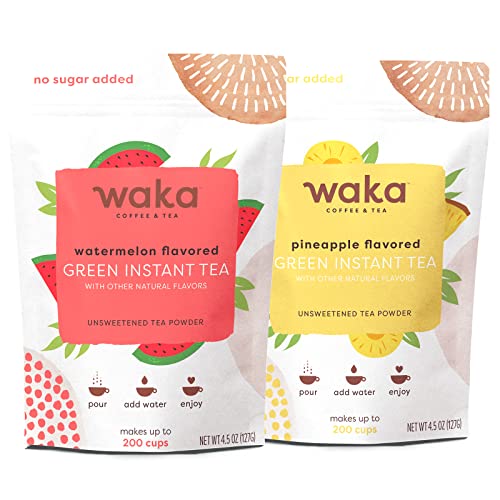 Waka — Unsweetened Instant Tea Powder 2-Bag Combo — 100% Tea Leaves — Watermelon Flavored & Pineapple Flavored, 4.5 oz Per Bag