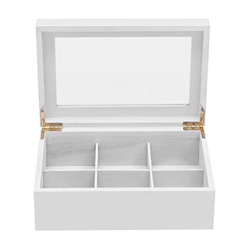 Wooden Tea Box Organizer, Mordern White Tea Organizer with Clear Lid, Tea Bag Holder for Cabinet, Tea Caddy Chest Large Capacity Tea Storage Containers Suitable for Tea, Coffee and Sugar Bags