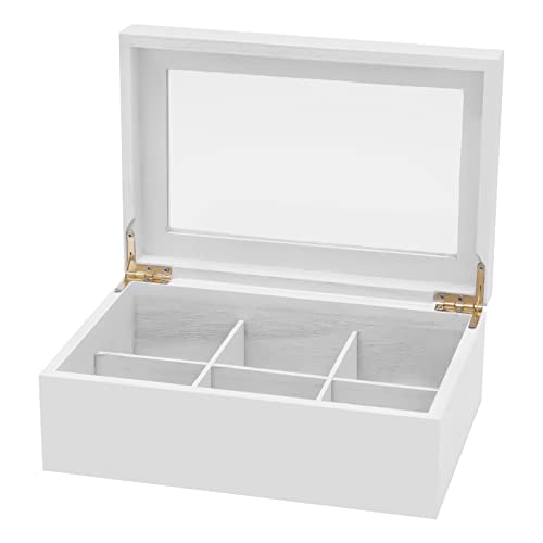 Wooden Tea Box Organizer, Mordern White Tea Organizer with Clear Lid, Tea Bag Holder for Cabinet, Tea Caddy Chest Large Capacity Tea Storage Containers Suitable for Tea, Coffee and Sugar Bags