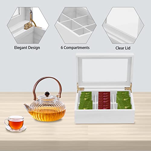 Wooden Tea Box Organizer, Mordern White Tea Organizer with Clear Lid, Tea Bag Holder for Cabinet, Tea Caddy Chest Large Capacity Tea Storage Containers Suitable for Tea, Coffee and Sugar Bags