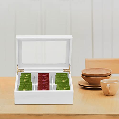 Wooden Tea Box Organizer, Mordern White Tea Organizer with Clear Lid, Tea Bag Holder for Cabinet, Tea Caddy Chest Large Capacity Tea Storage Containers Suitable for Tea, Coffee and Sugar Bags