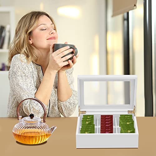 Wooden Tea Box Organizer, Mordern White Tea Organizer with Clear Lid, Tea Bag Holder for Cabinet, Tea Caddy Chest Large Capacity Tea Storage Containers Suitable for Tea, Coffee and Sugar Bags