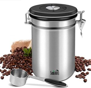 samyoung coffee canister airtight, stainless steel container for 635g/22.8oz coffee beans,large 1800 ml tea & coffee storage jars with co2 valve, 30ml measure spoon and 70 ml mini travel jar