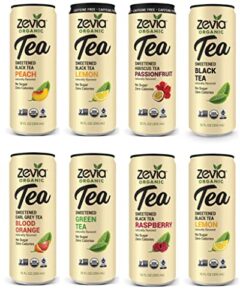 zevia organic sugar free iced tea, tea time 8 flavor variety pack variety pack, 12 ounce cans (pack of 8)