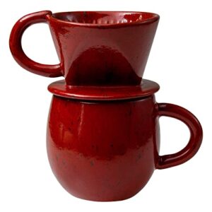 asayu japan ceramic coffee pour over maker set in chrome red, slow brewing paper filter holder and dripper with 3 holes for coffee and tea (complete 2pcs set)