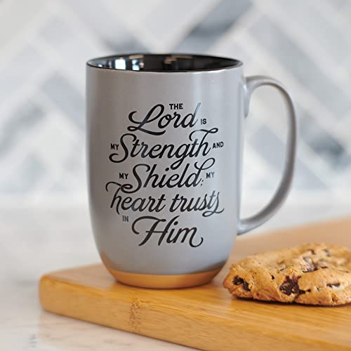 Christian Art Gifts Large Ceramic Coffee & Tea Scripture Mug for Men: Lord is My Strength - Ps. 28:7 Inspirational Bible Verse, Microwave/Dishwasher Safe Lead-Free Cup w/Clay Base, Gray/Black, 15 oz.