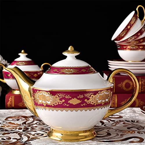 TREXD 15 Pcs Good Quality Bone China Red Stickers Coffee Set Relief Porcelain Tea Set