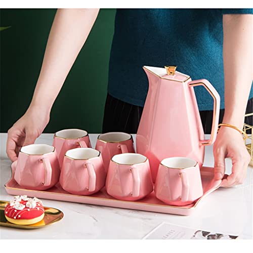 LDCHNH Ceramic Coffee Tea Set Nordic Pink Gold Rim Teapot Cup Tray Set Home Kitchen Decoration Ornaments (Color : E, Size