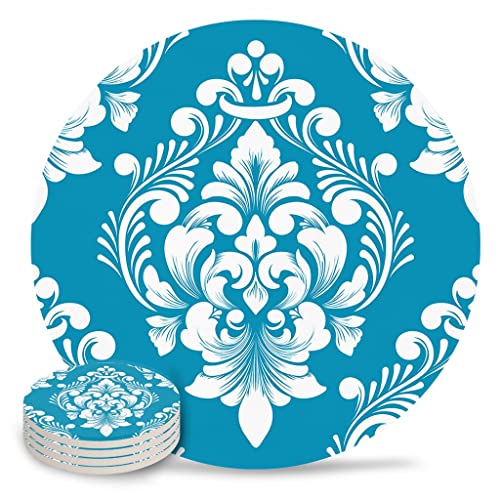 QUANJJ Vintage Damask Pattern Sky Blue Coasters Ceramic Set Round Absorbent Drink Coaster Coffee Tea Cup Placemats Table Mat (Color : D, Size : 6pcs)