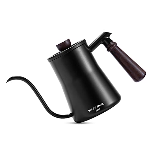 WHYBUK Pour Over Coffee Gooseneck Kettle,Long Narrow Small Drip Coffee Maker Tea Pot is Made of Thickened Stainless Steel,Handle made of Solid Wood to Prevent Scalding(550ml/18oz Black)