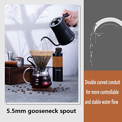 WHYBUK Pour Over Coffee Gooseneck Kettle,Long Narrow Small Drip Coffee Maker Tea Pot is Made of Thickened Stainless Steel,Handle made of Solid Wood to Prevent Scalding(550ml/18oz Black)