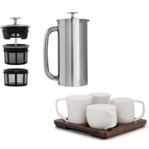 espro p7 french press – double walled stainless steel insulated coffee and tea maker (polished stainless steel, 18 ounce) set of 4 coffee tasting cups (white, 10 ounce)