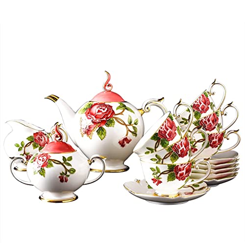 JYDBRT 15pc Set, Flower Embossed Porcelain Coffee Pot Cup Set, Dish Crown Design Dish, Palace Cup Set, Vintage Tea Party