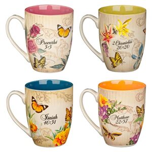 Christian Art Gifts Novelty Floral Ceramic Scripture Coffee & Tea Mug Set: Hope, Trust, Faith, Love - 4 Fancy Medium 12 oz. Cups w/Butterflies & Bible Verses, Multicolor Blue/Pink/Green/Orange Floral
