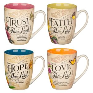 christian art gifts novelty floral ceramic scripture coffee & tea mug set: hope, trust, faith, love – 4 fancy medium 12 oz. cups w/butterflies & bible verses, multicolor blue/pink/green/orange floral