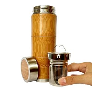 bamboo tea tumbler with infuser & strainer 16oz/460ml – keeps hot & cold for 12 hrs – vacuum insulated stainless steel travel tea tumbler infuser bottle leaf tea & coffee|tea mug|tea tumbler